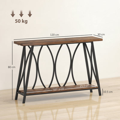 HOMCOM Narrow Console Table, Industrial 2-Tier Sofa Table with Metal Frame for Entryway, Living Room, 120x30x80cm, Rustic Brown 