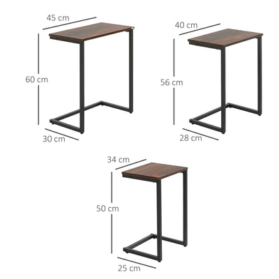 HOMCOM Nesting Side Tables Set of 3, C-Shaped Snack Side Tables with Steel Frame for Sofa Couch and Bed, Rustic Brown 