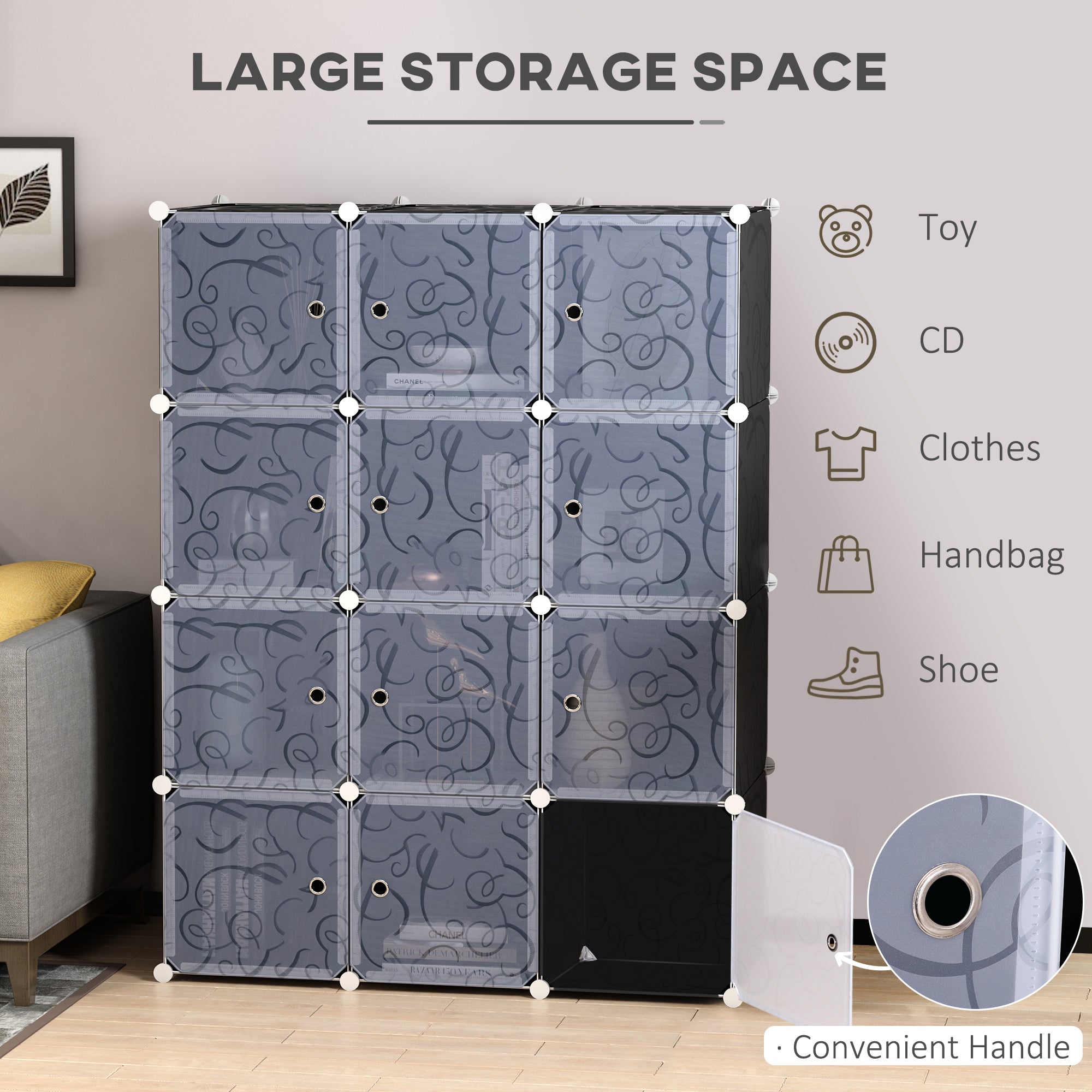 HOMCOM Portable Wardrobe for Bedroom, 12 Cube Closet with 2 Hanging Rails, Modular Storage Cabinet, Plastic Armoire for Space Saving, White and Black 