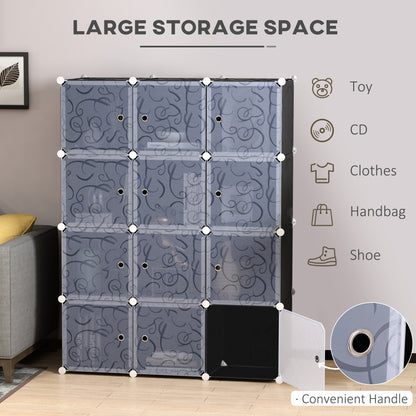 HOMCOM Portable Wardrobe for Bedroom, 12 Cube Closet with 2 Hanging Rails, Modular Storage Cabinet, Plastic Armoire for Space Saving, White and Black 