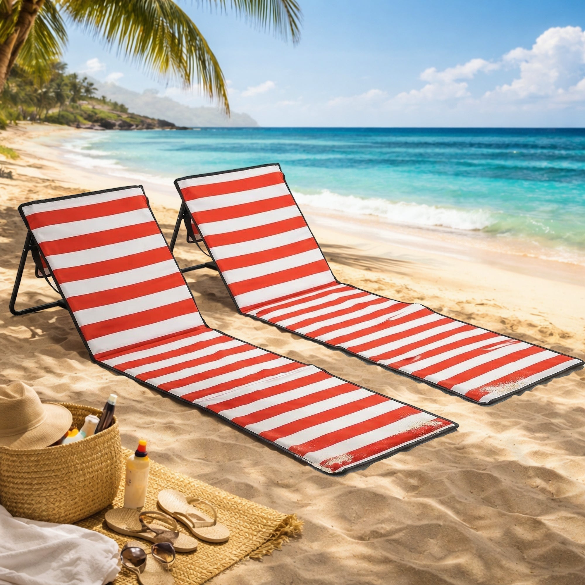 Outsunny Set of 2 Foldable Garden Beach Chair Mat, Outdoor Sun Lounger Seats with Adjustable Back, Magazine Pocket, Carry Bag 