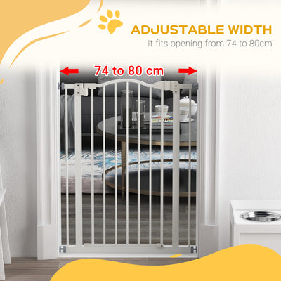 PawHut Pressure Fit Dog Stair Gate No Drilling Safety Gate Auto Close for Doorways, Hallways, 74-80cm Adjustable, 94cm Tall, White 