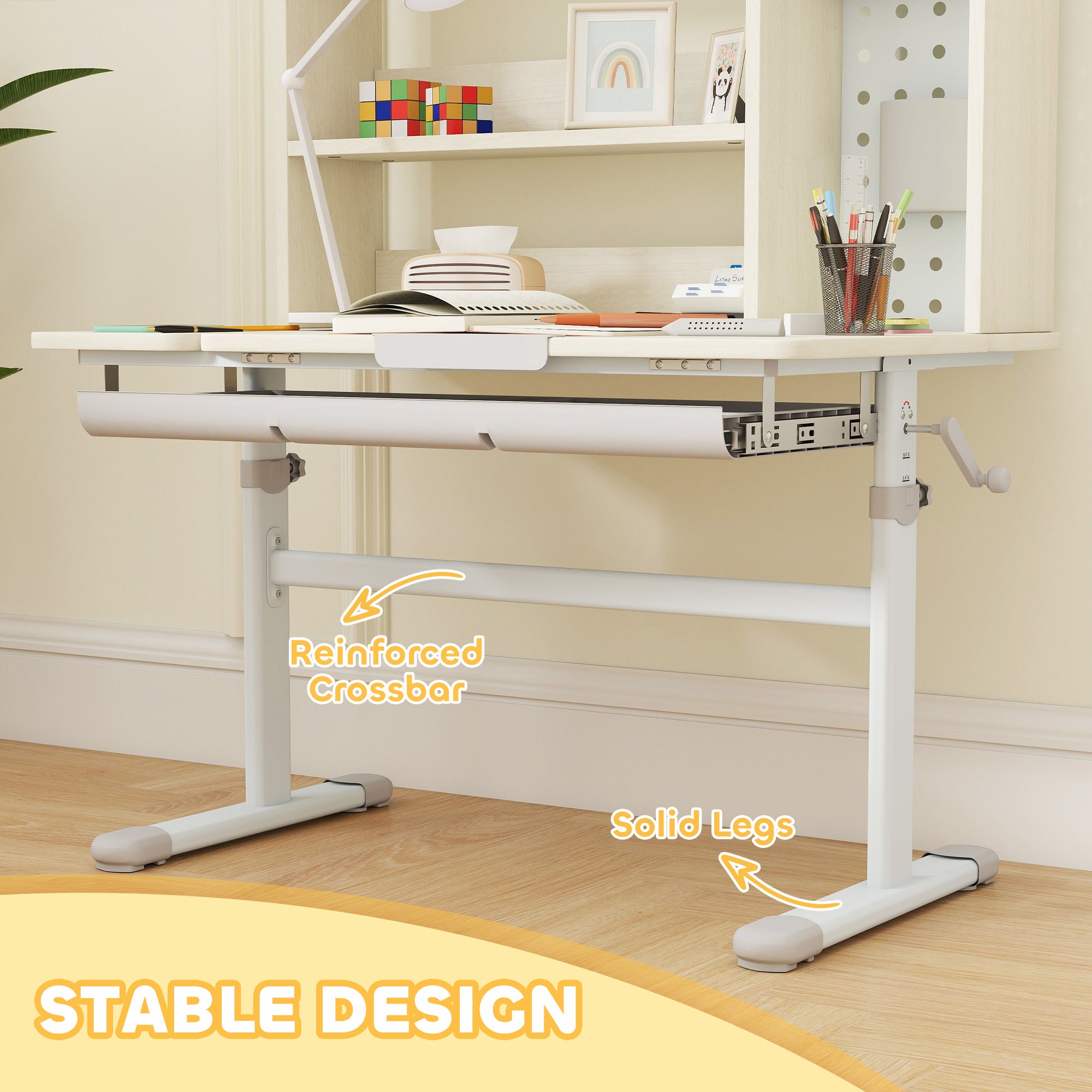 AIYAPLAY Kids Desk Height Adjustable with Tilt-Desktop, Hutch, Drawer, Storage Shelf, Pegboard, for 3-12 Years Old, Natural 