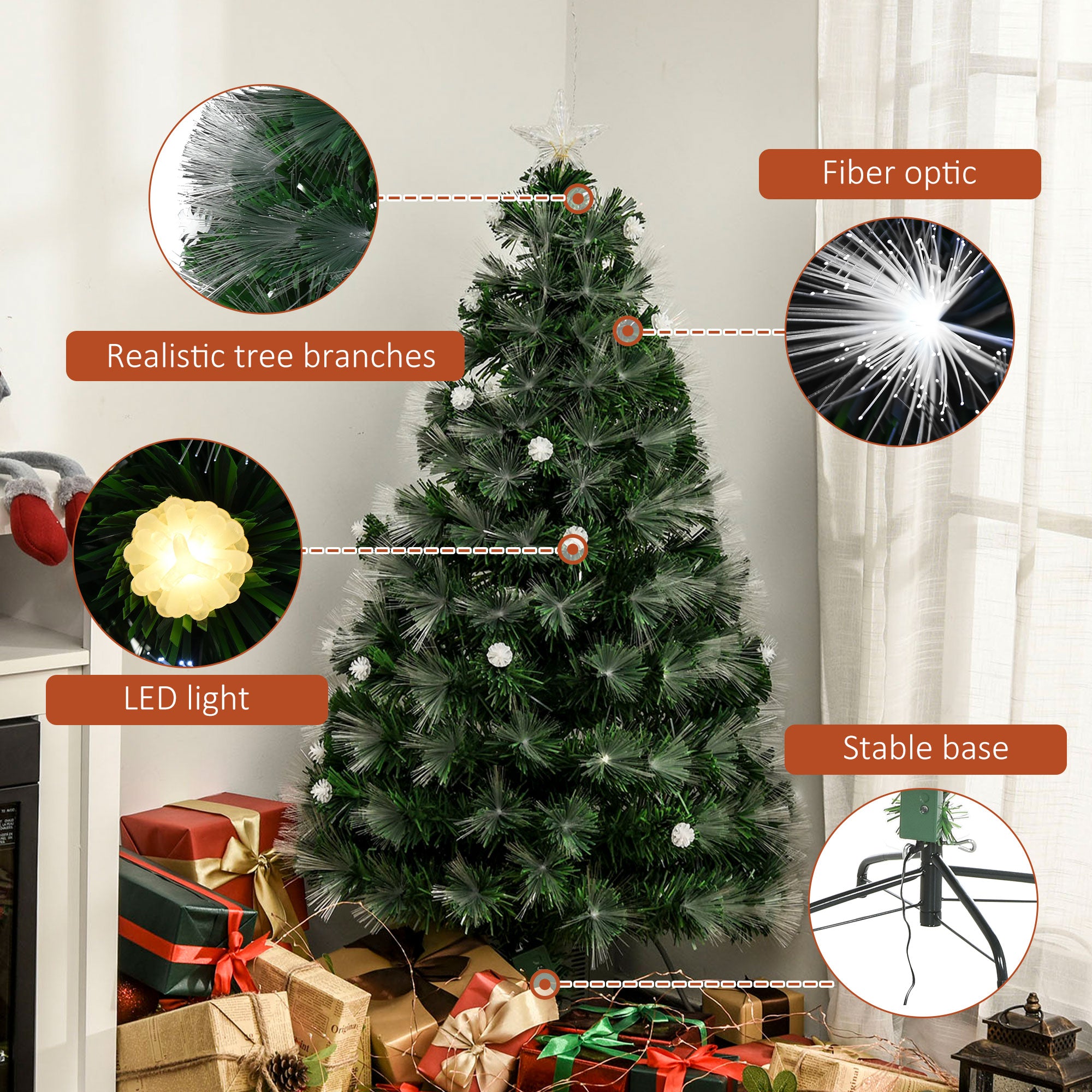 HOMCOM 4ft White Light Artificial Christmas Tree w/ 130 LEDs Star Topper Tri-Base Full Bodied Seasonal Decoration Pre-Lit Home 