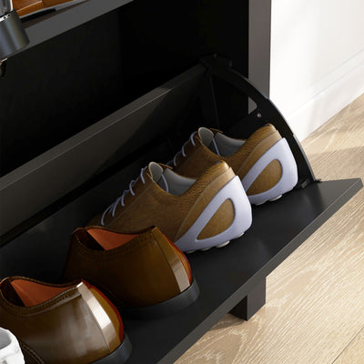 HOMCOM 2 Drawer Shoe Cabinet Modern Narrow Shoe Cupboard Hallway Wooden Storage Organiser with Flip Doors Adjustable Shelf for 12 Pairs, Black 
