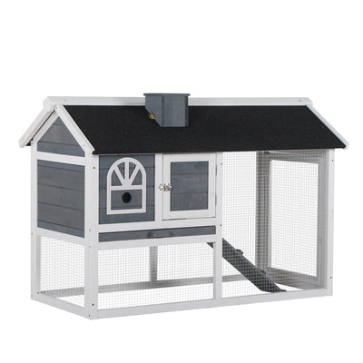 PawHut Wooden Rabbit Hutch and Run with Sliding Tray, Ramp, Water-resistant Roof, for 2-4 Rabbits, Grey 