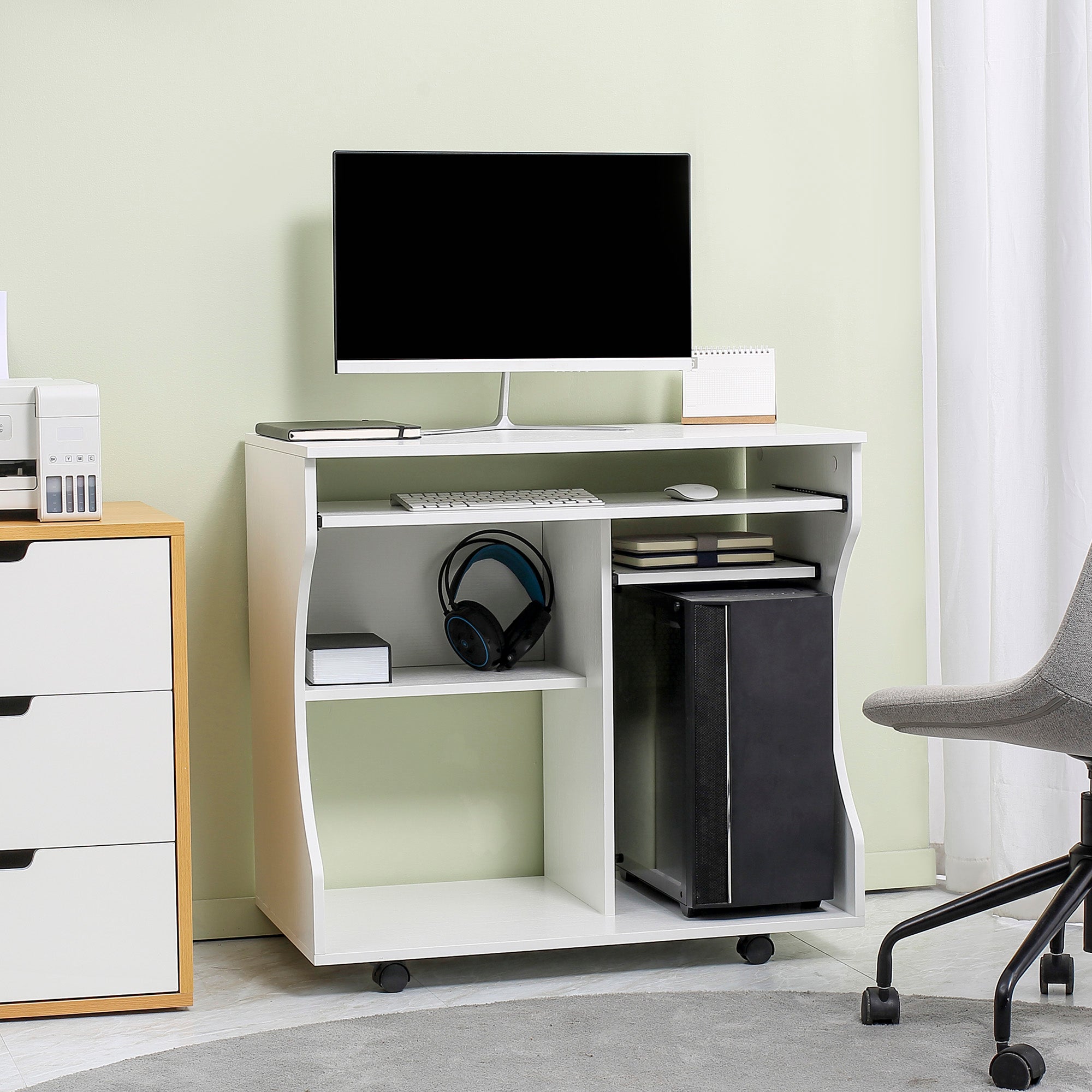 HOMCOM Multi-Storage Compact Work Desk, with Wheels - White 