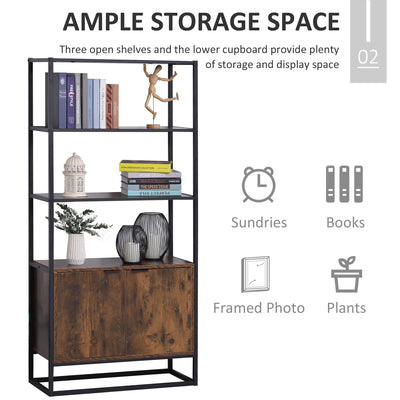 HOMCOM Industrial Bookshelf, Storage Shelf, Large Bookcase with 3 Open Shelves, Multifunctional Rack for Living Room, Office, Rustic Brown and Black 