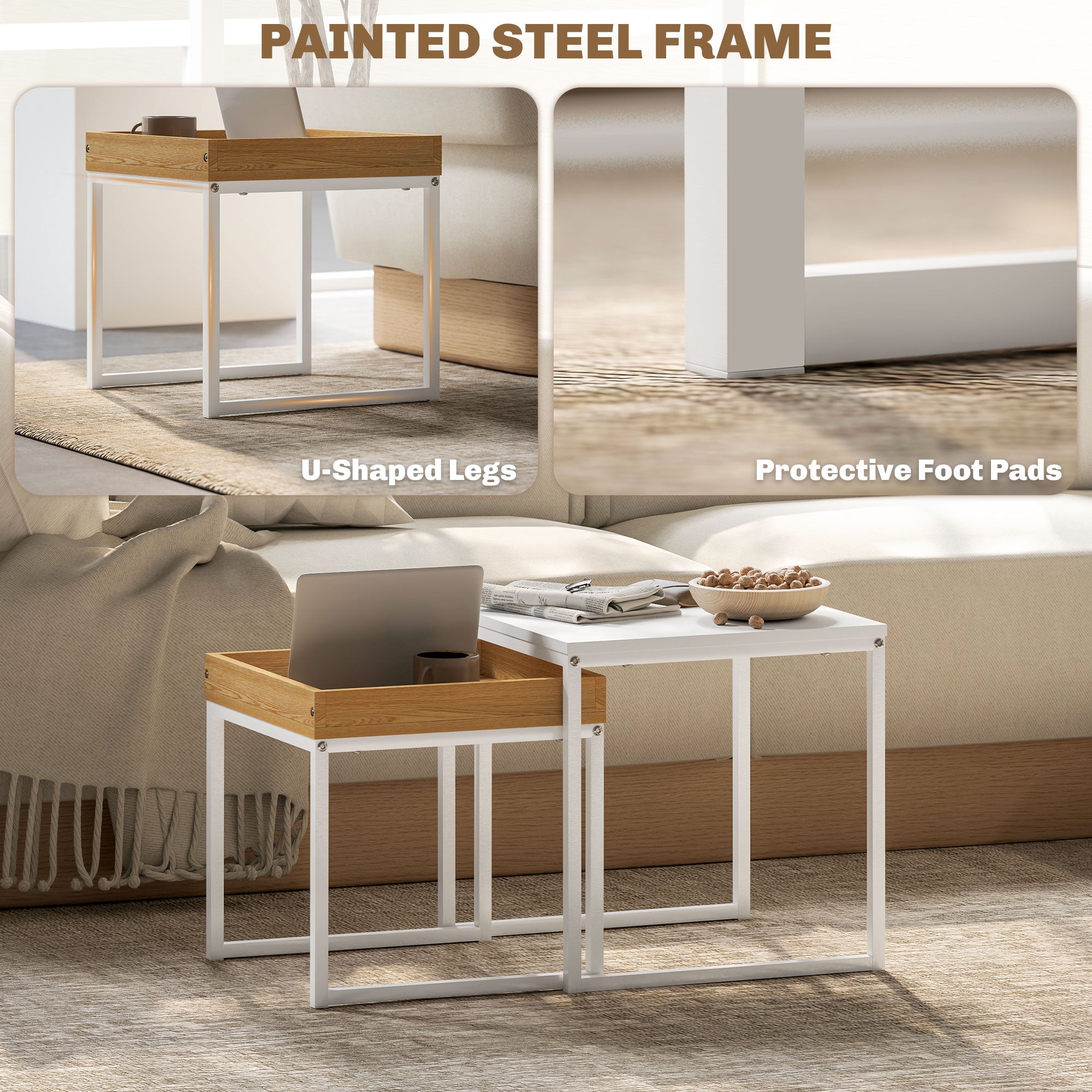 HOMCOM Set of Two Boxy Nesting Tables - White/Wood-Effect 