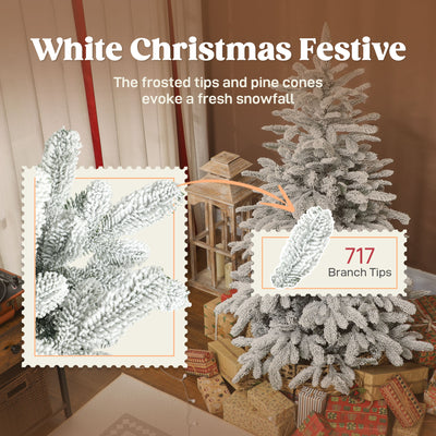 HOMCOM 5 ft Artificial Flocked Christmas Tree with 717 Branches, Hinged Xmas Tree with Foldable Metal Stand, Easy Assembly for Home Office Decor 