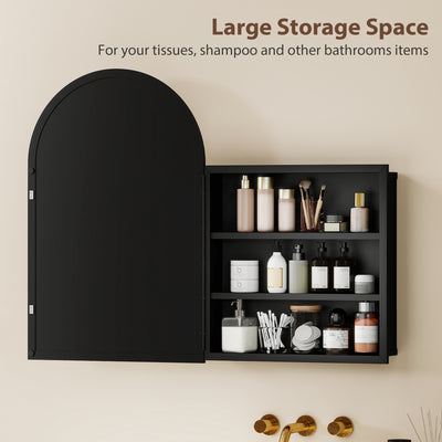 HOMCOM Bathroom Mirror Cabinet with Mirror, Arched Wall Mounted Bathroom Cabinet with Storage Shelves, Black 