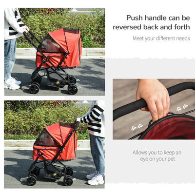 PawHut Pet Stroller Pushchair Foldable Travel Dog Cat Carriage w/ Reversible Handle Brake Basket 