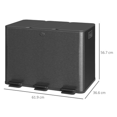 HOMCOM 3 x 20L Pedal Bin, Steel Triple Kitchen Bin with Soft Close Lid, Removable Inner Buckets, Fingerprint-Proof, Black 
