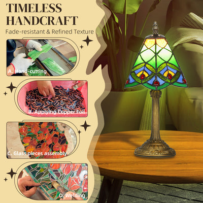 HOMCOM Tiffany-Style Table Lamp with Geometric Patterns, Handcrafted Antique Stained Glass Bedside Lamp for Living Room and Bedroom, E27 Socket, Green 