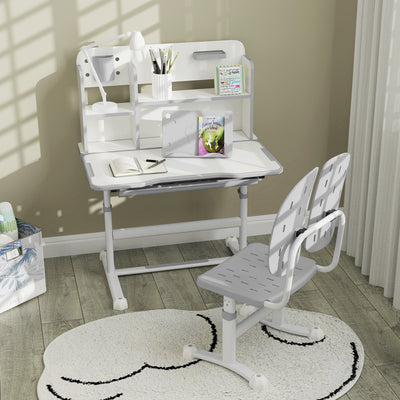 AIYAPLAY Height Adjustable Kids Desk and Chair Set, Children School Study Desk with Tiltable Desktop, Reading Rack, Grey 