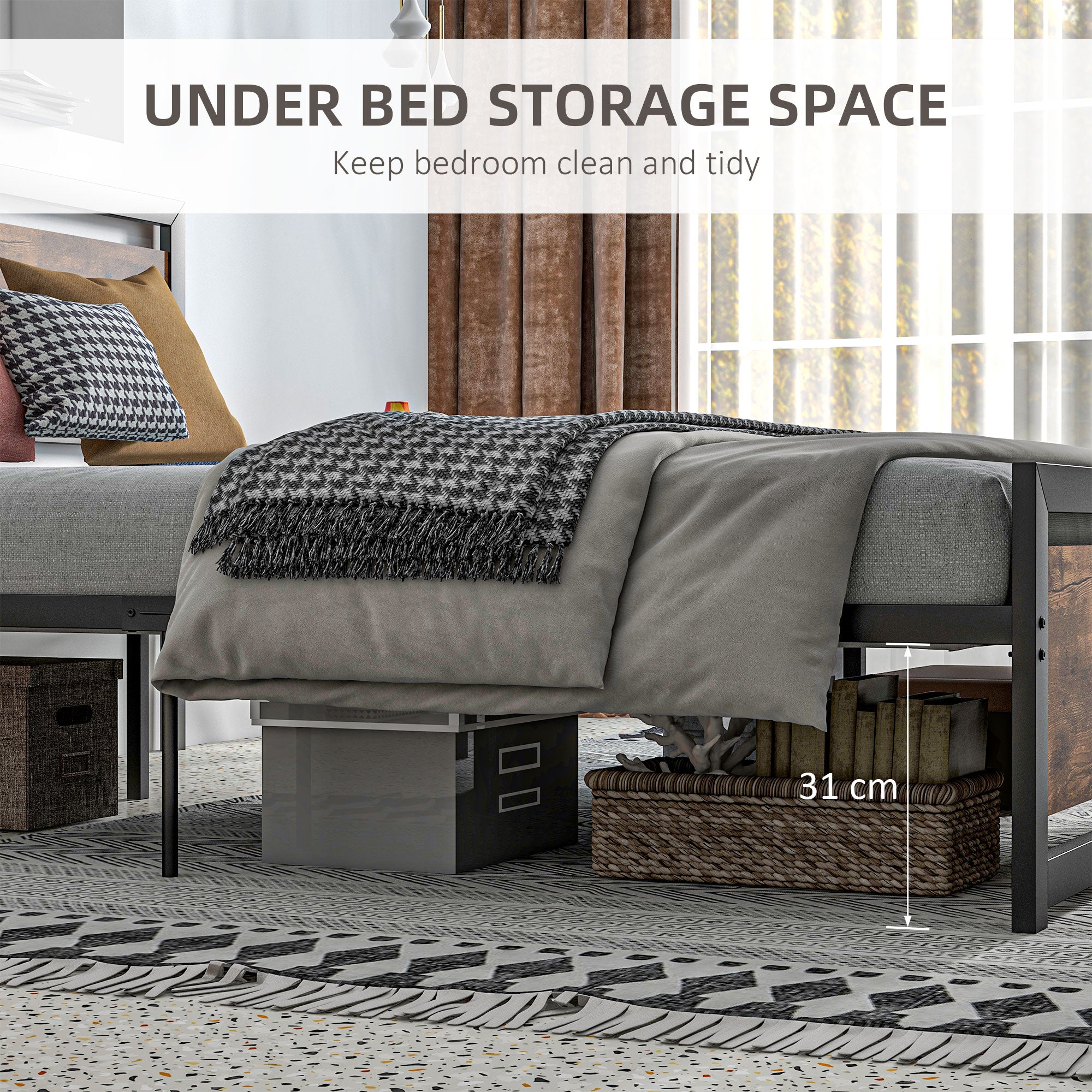 HOMCOM King Size Metal Bed Frame with Headboard & Footboard, Strong Slat Support Full Bed Frame w/ Underbed Storage Space, Bedroom Furniture For Adults 