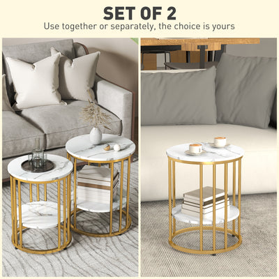 HOMCOM Set of Two Marble-Effect Coffee Tables - White/Gold-Tone 