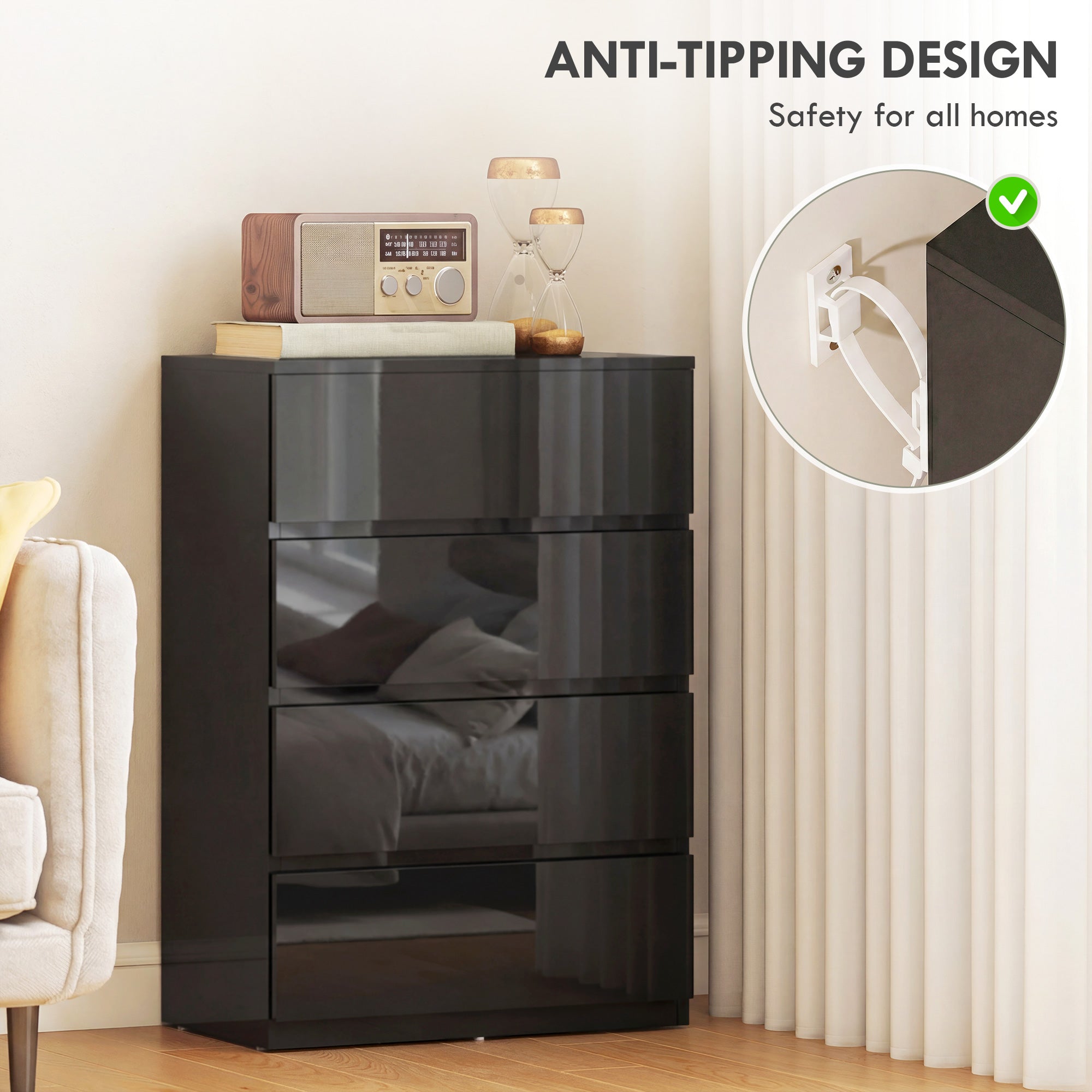 HOMCOM Chest of Drawers, 4-Drawer Storage Cabinets, Modern Dresser, Storage Drawer Unit for Bedroom 