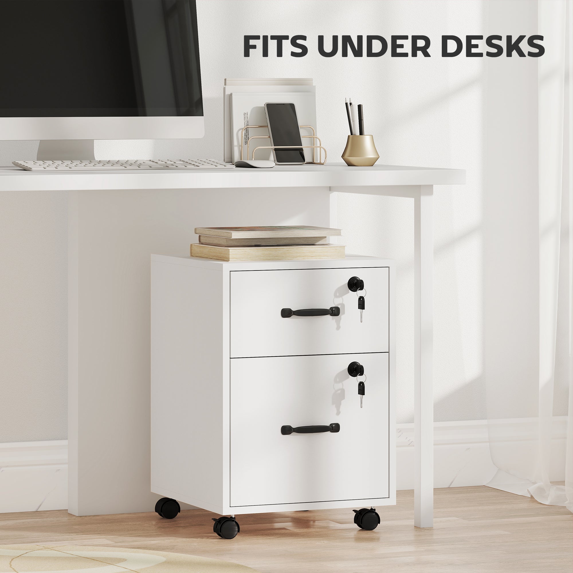 HOMCOM Rolling File Cabinet with 2 Drawers, Mobile Filing Cabinet with Hanging File Folder for Letter Sized Documents, White 