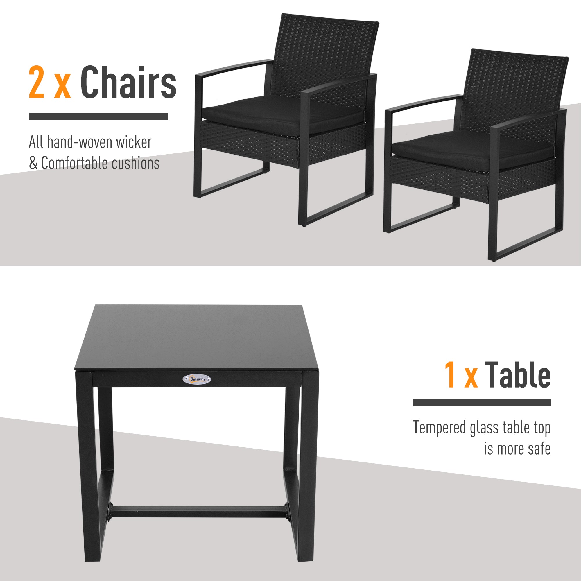 Outsunny 2 Seater Rattan Coffee Set-Black 