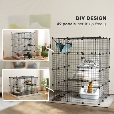 PawHut Steel Wire Cat Cage Indoor with Hammock, Ramps, Doors, DIY Cat Enclosure for 1-3 Cats, Black 