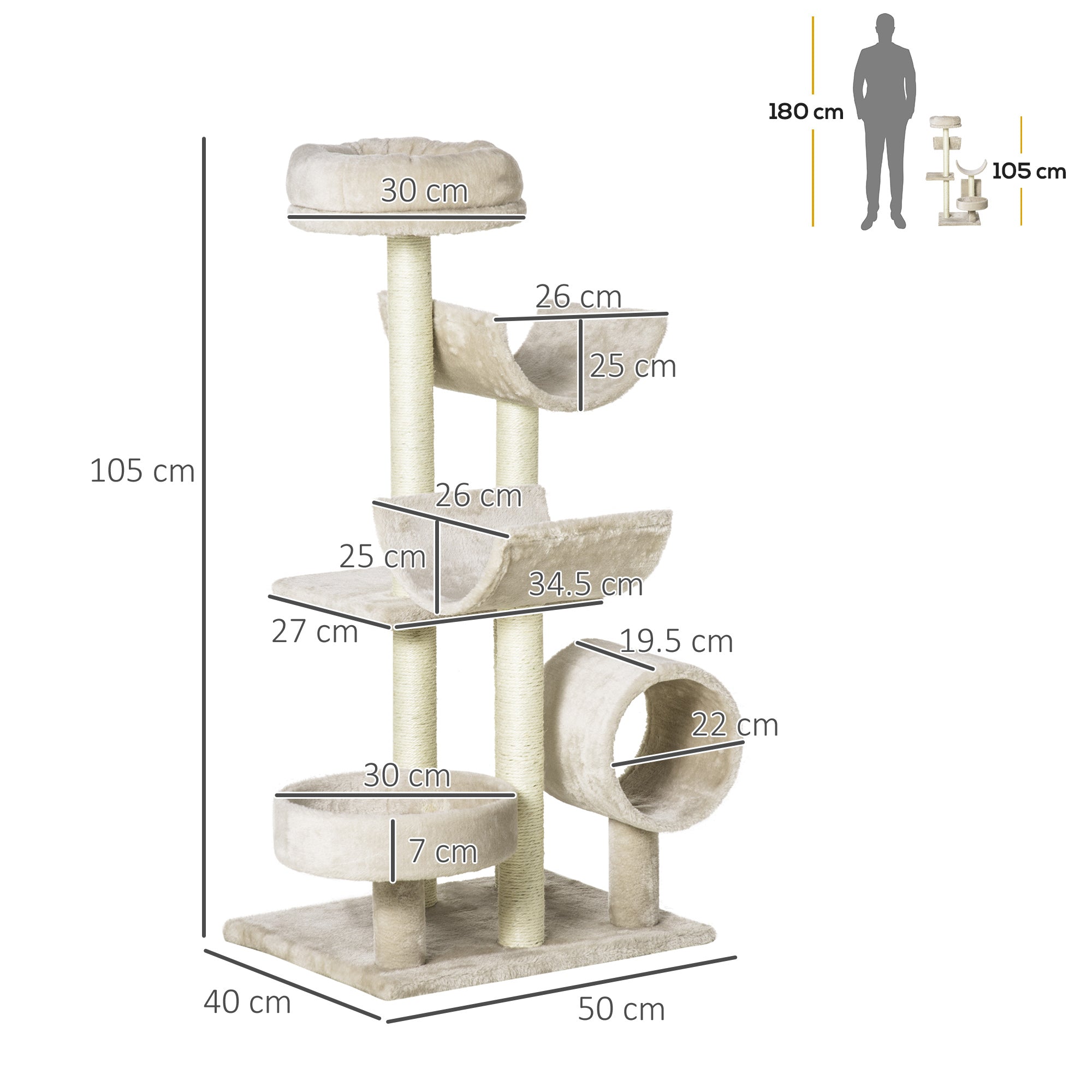 PawHut Cat Tree for Indoor Cats Kitten Pet Scratching Post Perch Activity Center Scratcher Climb Post Play House Arch with Tunnel 105cm Tall Beige 