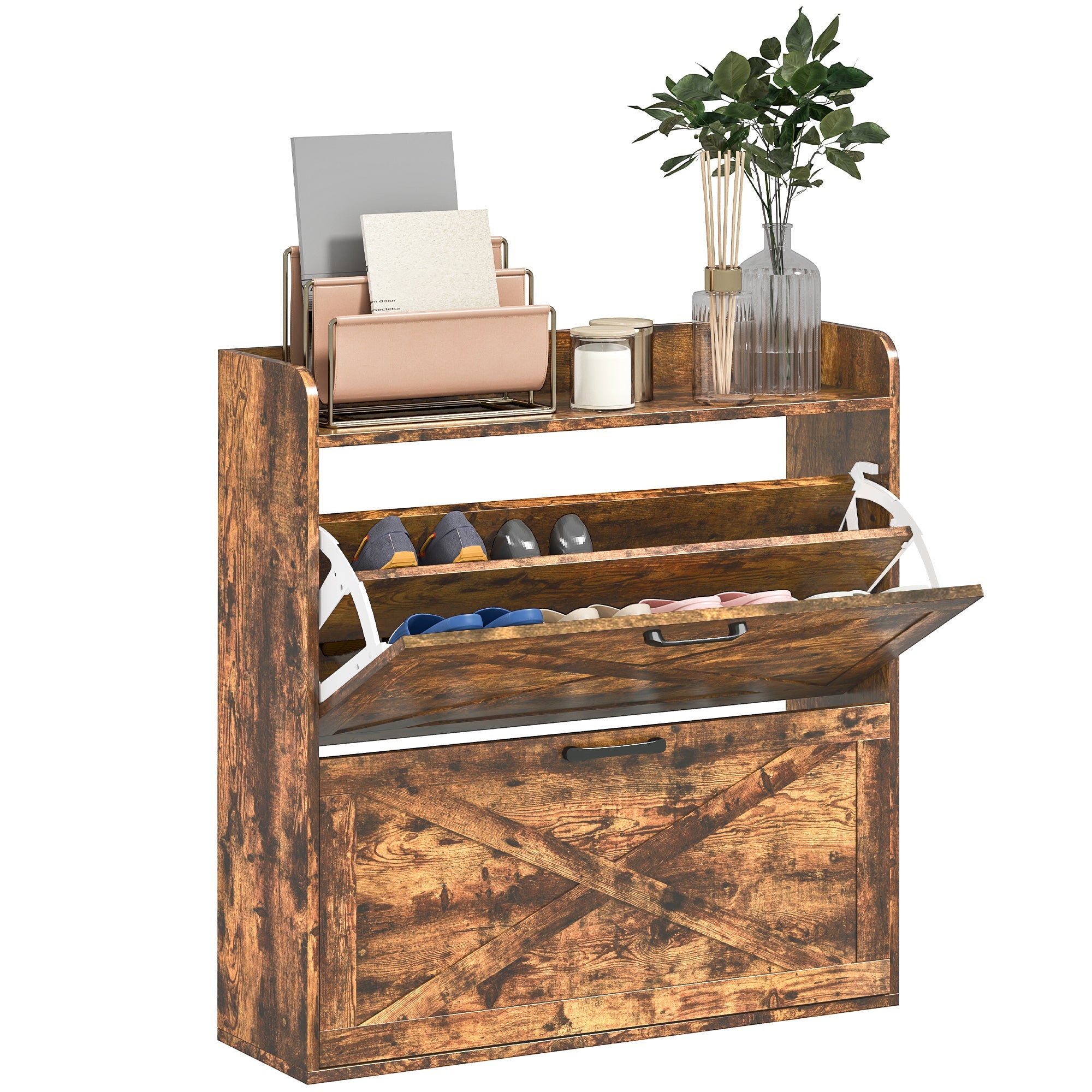 HOMCOM Two Flip Drawer Narrow Shoe Cabinet with Adjustable Shelves - Rustic Brown 