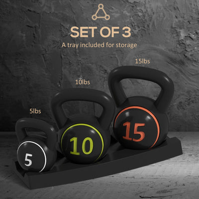 SPORTNOW Three-Piece Kettlebell Set, 5lbs, 10lbs, 15lbs with Storage Tray 