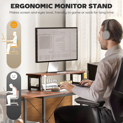 HOMCOM 168cm Reversible L Shaped Desk, Industrial Corner Computer Desk with Adjustable Shelf and Storage Bag, 240cm 2 Person Desk with Monitor Stand, Rustic Brown 
