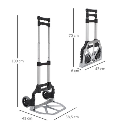 HOMCOM Aluminium Folding Hand Truck Trolley, Heavy Duty Foldable Sack Cart with Adjustable Telescoping Handle, 70KG Load Capacity 