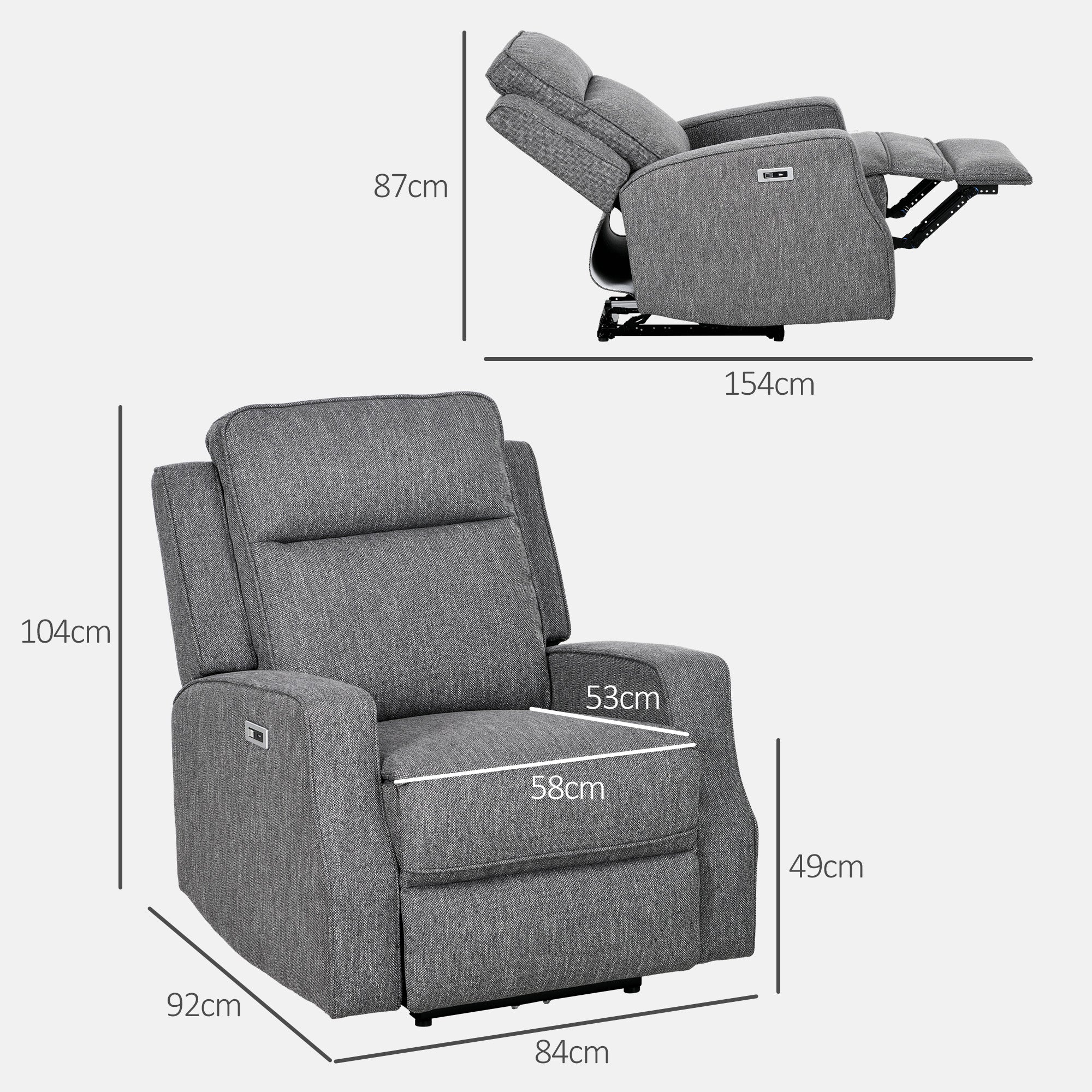 HOMCOM 150\'c2\'b0 Electric Reclining Chair, with USB port and Footrest - Charcoal Grey