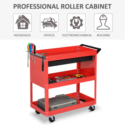 DURHAND 3-Tier Tool Trolley Cart Storage Shelf Roller Cabinet DIY Box Garage Workshop with Drawer Red 