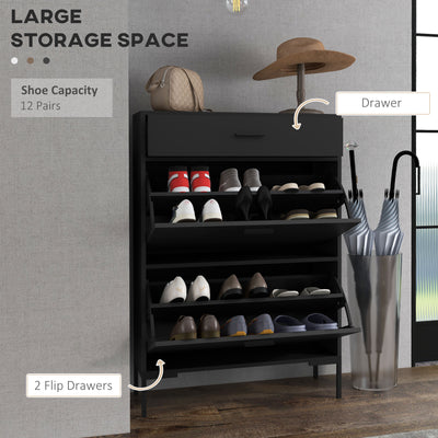 HOMCOM Three Drawer Slim Shoe Storage Cabinet, 12 Shoe Pairs - Black 