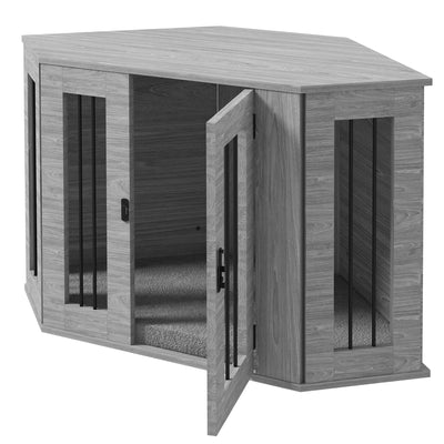PawHut 2 in 1 Dog Crate Furniture Side Table, with Cushion, 104 x 55 x 63cm - Grey 