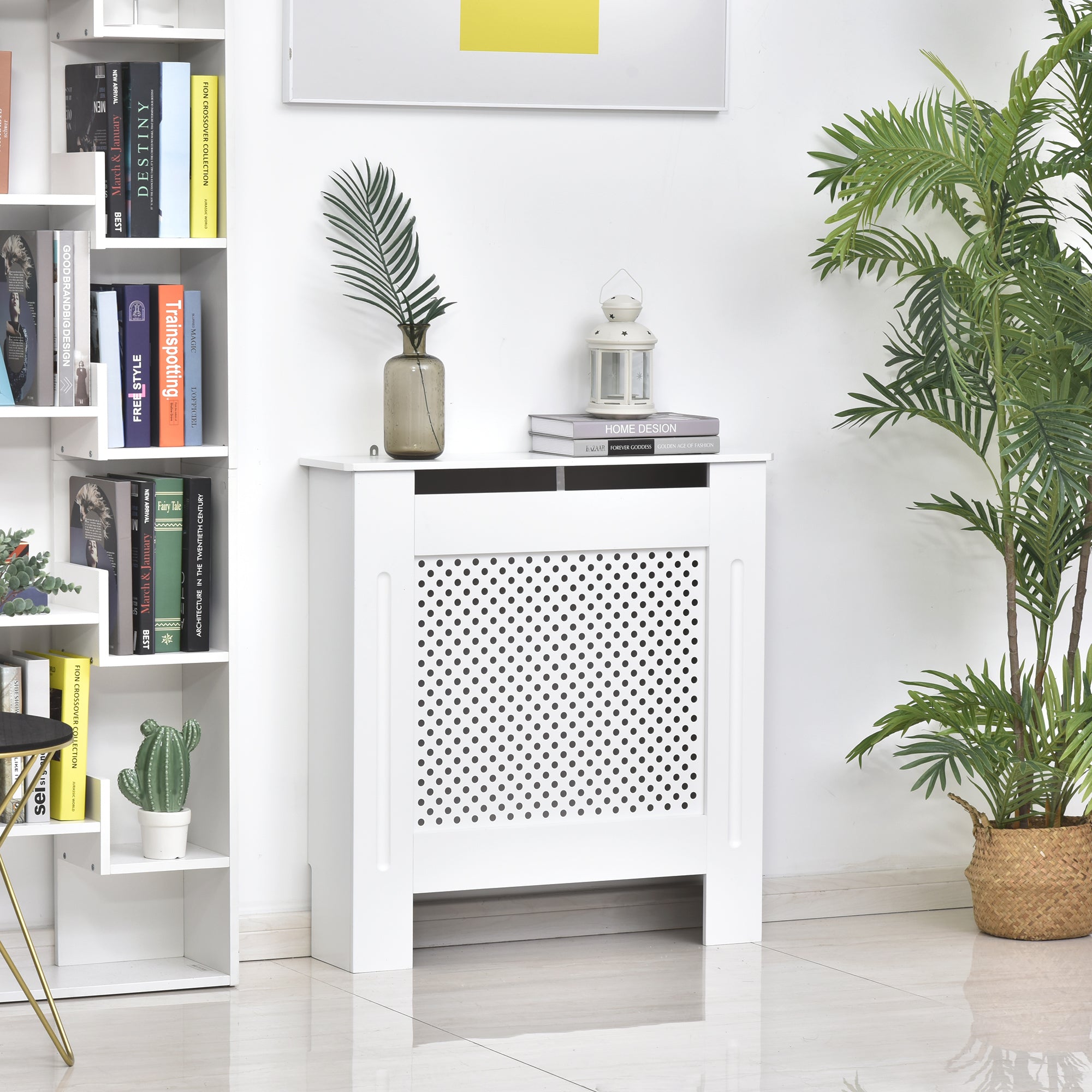 HOMCOM Wooden Radiator Cover Heating Cabinet Modern Home Furniture Grill Style  White Painted (Small) 