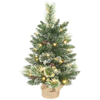 HOMCOM 60 cm Prelit Small Christmas Tree, Snow Flocked Tabletop Mini Xmas Tree with 35 LED Lights, Pine Cones and Linen Cover Base, Battery Operated, Green 