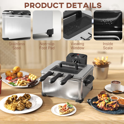 HOMCOM 5 Litre Deep Fat Fryer with Adjustable Temperature & Timer, 2000W Stainless Steel Deep Fryer with Removable Oil Basket and Viewing Window, for Chips Fried Chicken 