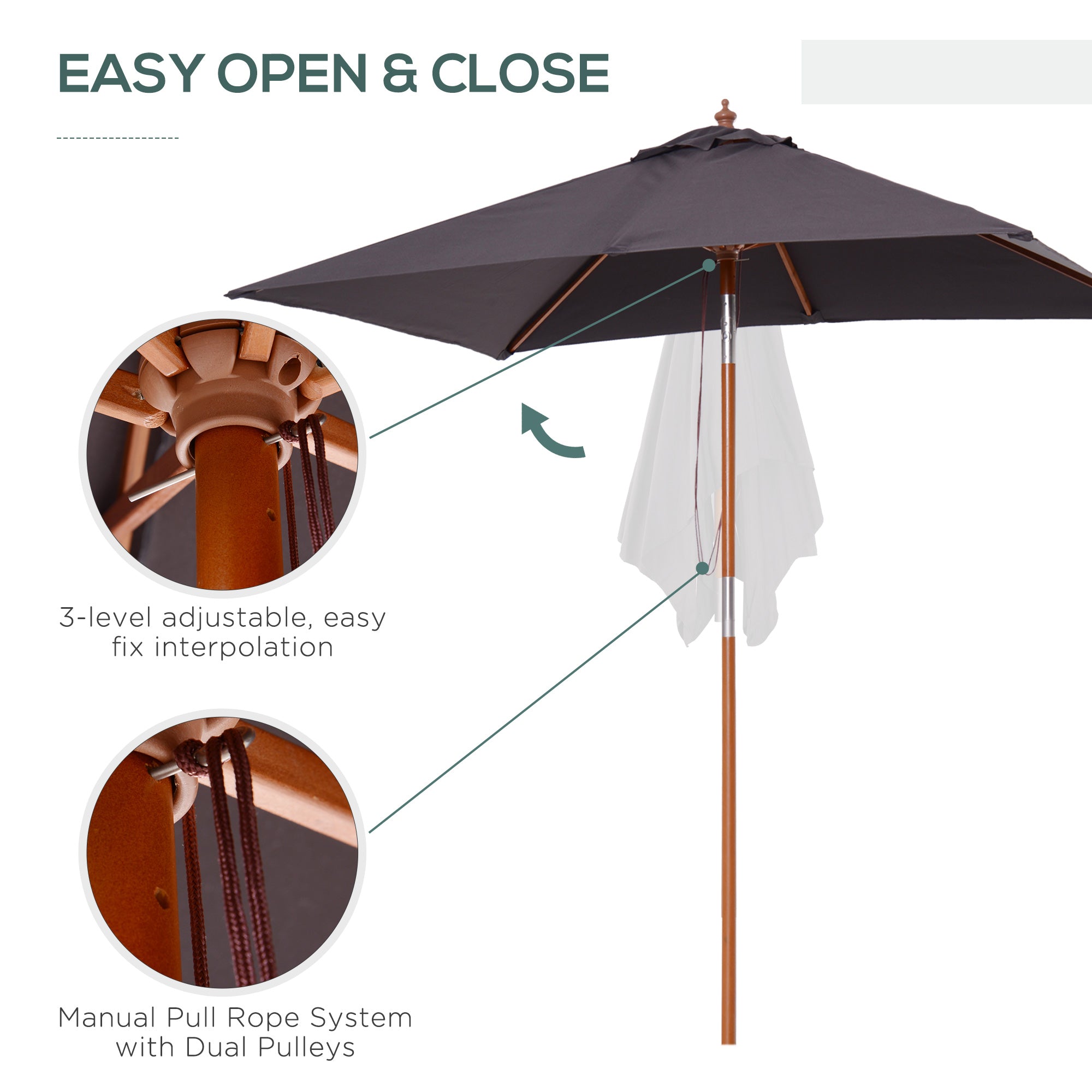 Outsunny 2m x 1.5m Garden Parasol Umbrella with Tilting Sunshade Canopy, Outdoor Market Table Umbrella with Wood and Bamboo Frame, Grey 