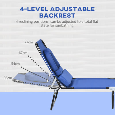 Outsunny Outdoor Foldable Sun Lounger Set of 2, 4 Level Adjustable Backrest Reclining Sun Lounger Chair with Pillow and Reading Hole, Blue 