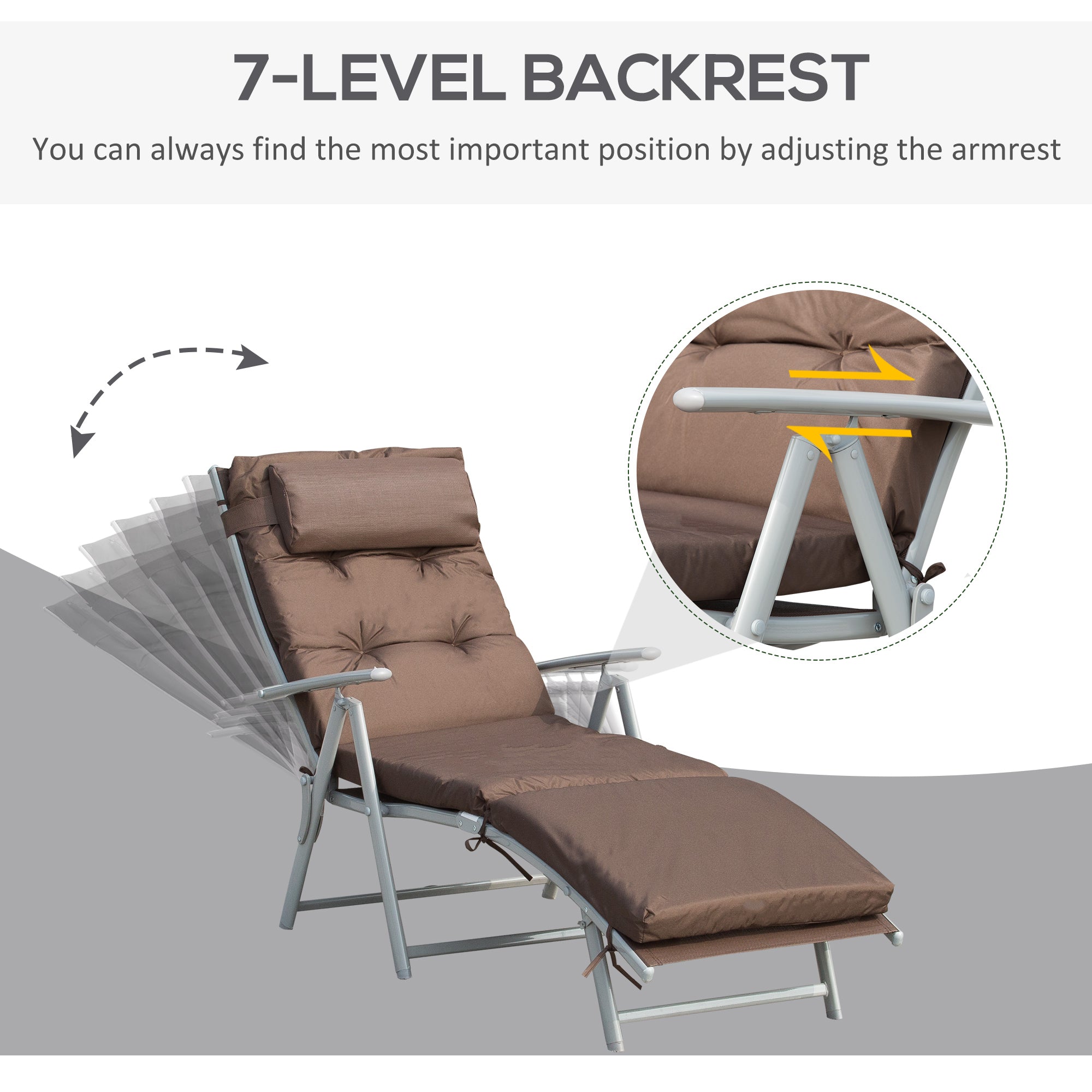 Outsunny Sun Lounger Steel Frame Outdoor Folding Chaise Texteline Lounge Chair Recliner with Headrest & 7 Levels Adjustable Backrest, Brown 