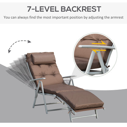 Outsunny Sun Lounger Steel Frame Outdoor Folding Chaise Texteline Lounge Chair Recliner with Headrest & 7 Levels Adjustable Backrest, Brown 