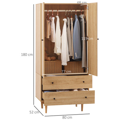 HOMCOM Wardrobe with 2 Doors, 2 Drawers, Hanging Rail for Bedroom Clothes Storage Organiser, 80x52x180cm, Natural Tone 