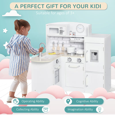 HOMCOM Kids Play Kitchen Wooden Toy Kitchen Cooking Set for Children with Drinking Fountain, Microwave, and Fridge White 
