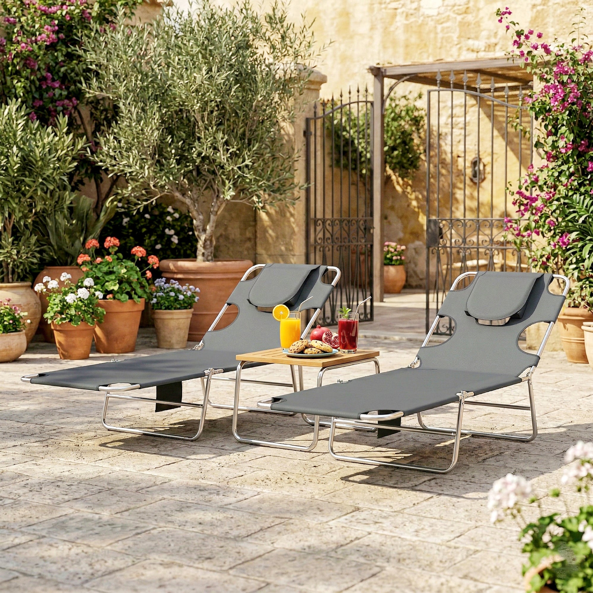 Outsunny 5-Position Adjustable Sun Loungers Set of 2 with Reading Hole and Side Pocket, Dark Grey 