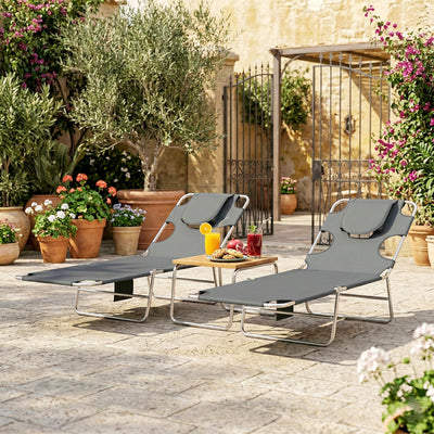 Outsunny 5-Position Adjustable Sun Loungers Set of 2 with Reading Hole and Side Pocket, Dark Grey 