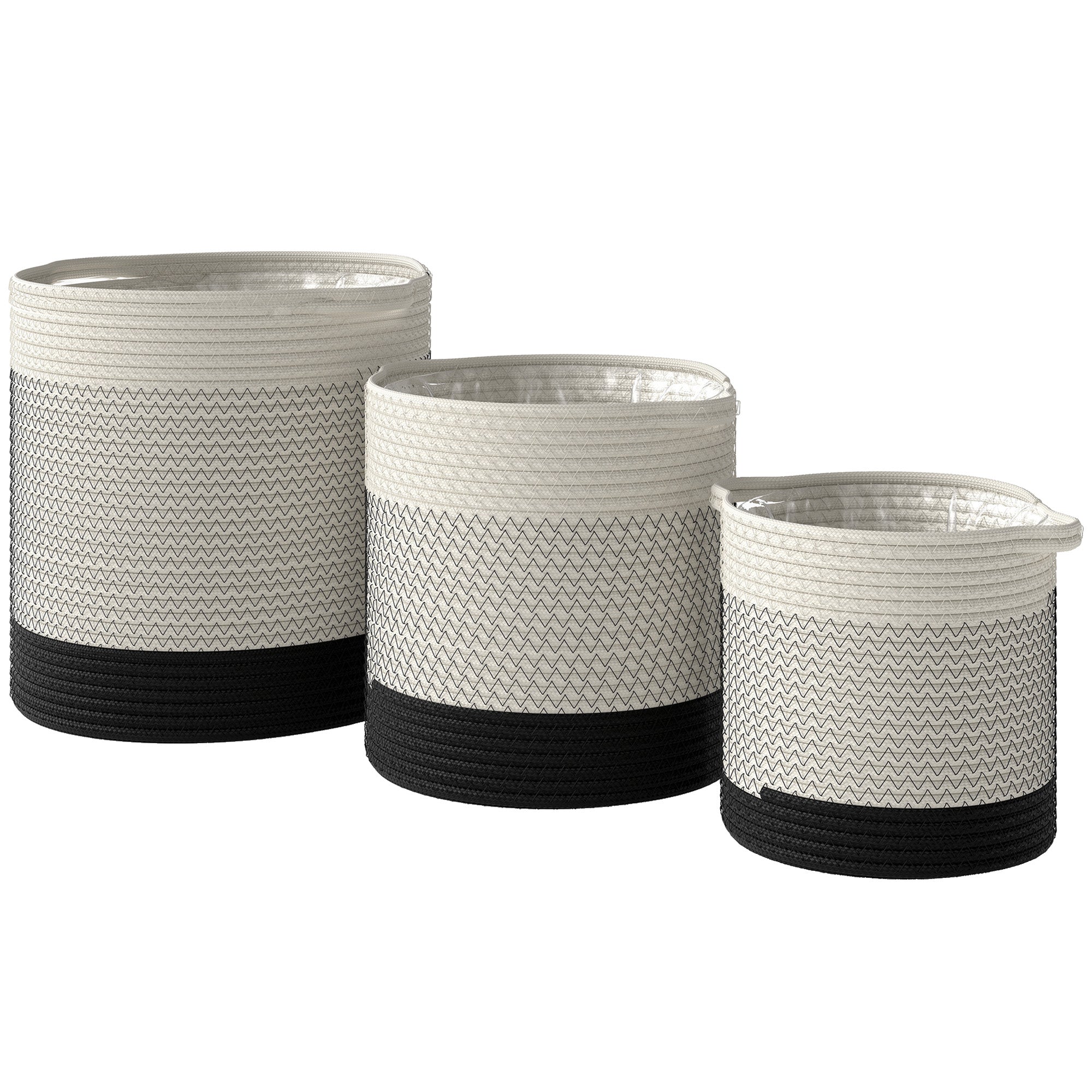 Outsunny Plant Pots Handwoven Cotton Indoor Planters with Waterproof Liner Set of 3 White 