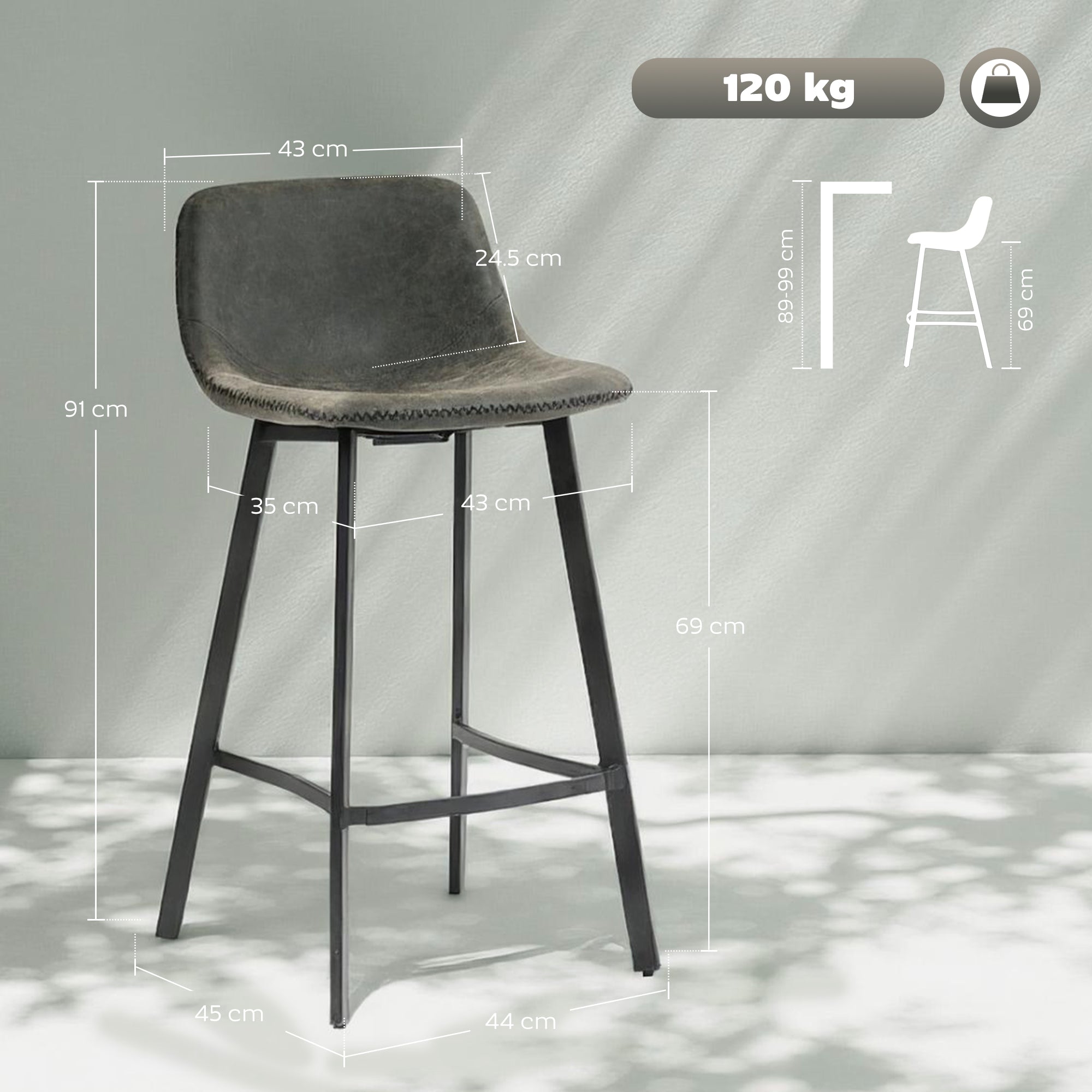 HOMCOM Bar Stools Set of 2, PU Leather Dining Stools with Backrest, Footrest, for Kitchen, Counter, Breakfast Bar, Grey 