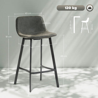HOMCOM Bar Stools Set of 2, PU Leather Dining Stools with Backrest, Footrest, for Kitchen, Counter, Breakfast Bar, Grey 
