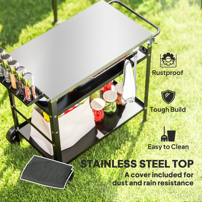 Outsunny BBQ Trolley with Stainless Steel Top Adjustable Shelf, Outdoor Kitchen BBQ Station with Hooks Seasoning Tray Towel Rack, Pizza Oven Table Movable Outdoor Grill Dining Cart with Cover, Black 