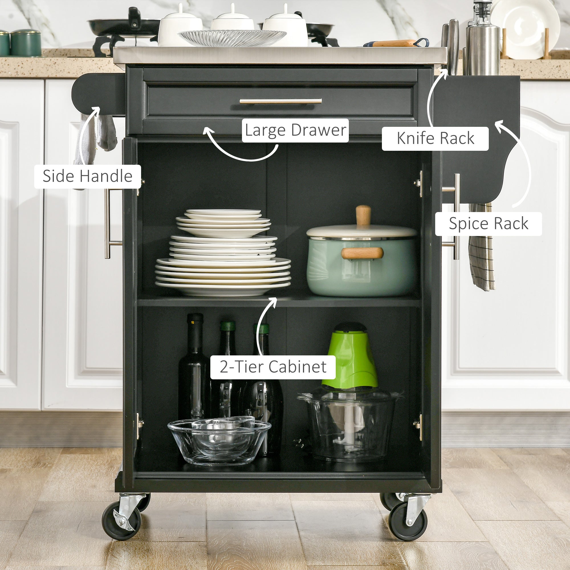 HOMCOM Wooden Kitchen Island on Wheels, Serving Cart Storage Trolley with Stainless Steel Top, Drawer, Side Handle and Rack, Black 
